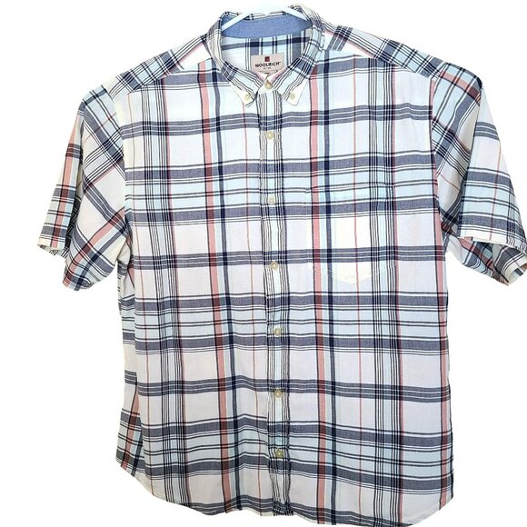 Woolrich Other - Woolrich Mens XL Plaid Button Down Shirt Short Sleeve Cotton Red Blue Ivory